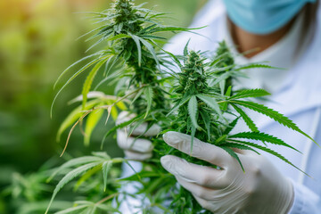 Scientist, in white coat, examining, green cannabis plants, in garden, wearing gloves and mask, marijuana inspection, agriculture concept