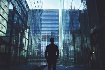 Fototapeta premium Businessman looking at modern office buildings with glass facade, future, success and ambition concept