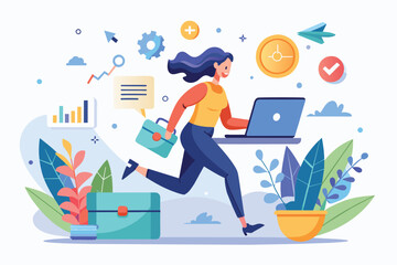 A woman is multitasking as she runs an online business, carrying a laptop and briefcase while on the go, A woman running an online business, illustrated in a flat style.