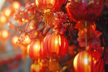 A collection of red lanterns suspended from a tree branch