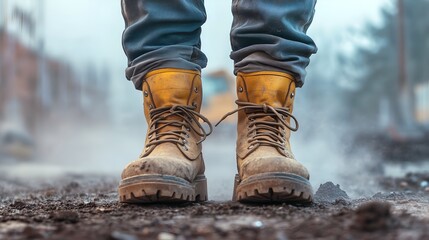Worker's Safety Boots on Construction Site
