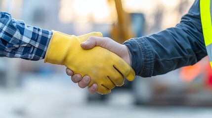Fototapeta premium Construction Workers Handshake with Safety Gloves