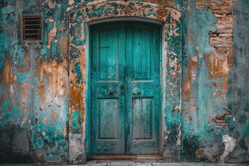 A vintage-style door with green paint and peeling exterior, set in an old building