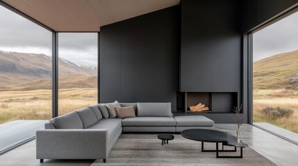 This inviting Scandinavian living room showcases a stone fireplace and expansive windows framing stunning mountain views, creating a warm and moody atmosphere
