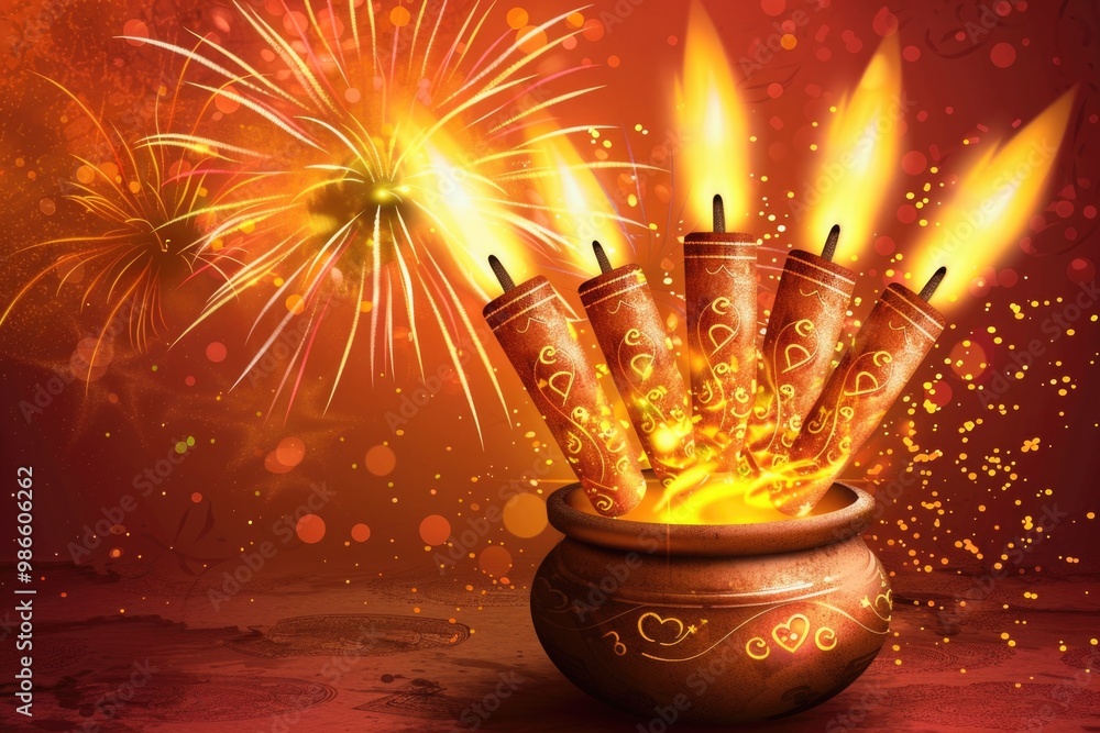 Poster a firework display in a decorative pot, surrounded by exploding fireworks