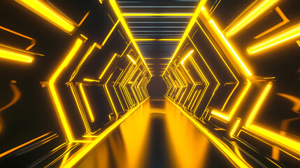 Generative ai illustration of abstract background of endless futuristic tunnel with geometric design in perspective view with yellow neon light. Optical Illusion. Illustration