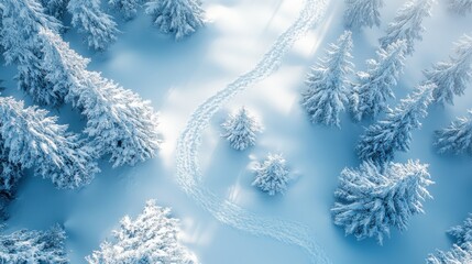 Aerial view of a snowy forest with tracks in the snow
