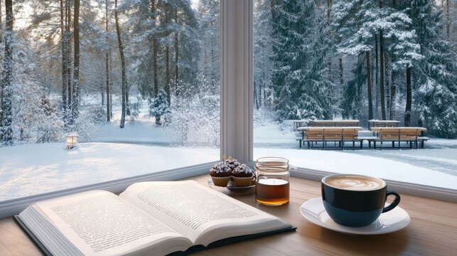 Enjoying warm coffee and cupcakes while reading a book in a cozy caf? amid snow-covered trees, with a lit candle and honey nearby for a peaceful winter escape.