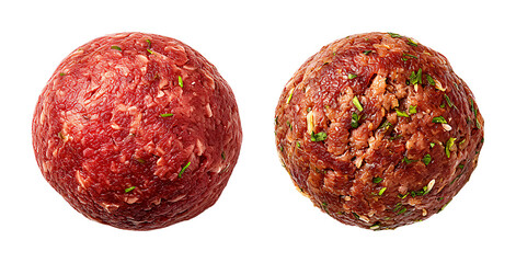 Obraz premium Two meatballs one cooked and one raw seasoned with herbs on a transparent background