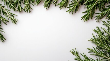 Fototapeta premium Rosemary sprigs and an oil drop rest on a white surface, showcasing a minimalist aesthetic. The composition features soft shadows and high detail against a bright background.