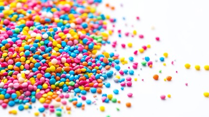 Obraz premium Colorful candy sprinkles on a cake on a white background.