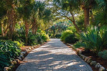 Obraz premium Stone path through lush green tropical garden with palm trees, sunlight, and shadows. Tropical paradise, vacation, resort, vacation concept, travel destination