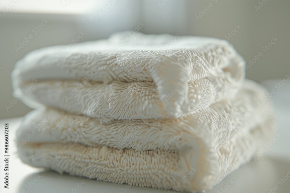 Poster stack of towels resting on a table surface