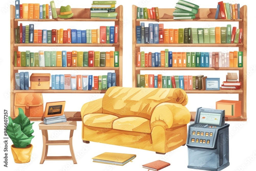 Poster a warm and inviting space with shelves of books and a comfortable couch, perfect for reading or rela