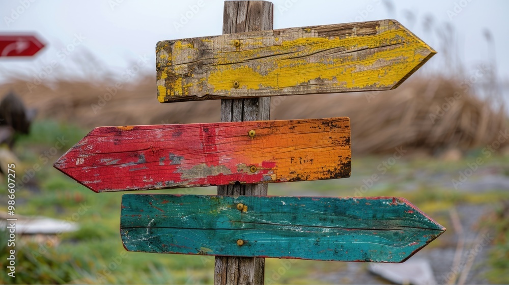 Poster a wooden sign with multicolored arrows pointing in different directions, perfect for use as navigati