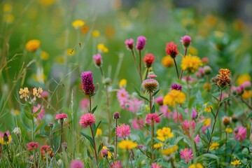 Naklejka premium A vibrant and lively scene of a field filled with colorful flowers, perfect for brightening up any space or occasion