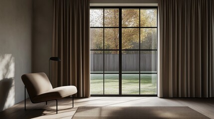 Fototapeta premium The inviting space showcases light gray walls, wooden flooring, and warm brown decor, creating a tranquil ambiance with filtered soft light illuminating the room