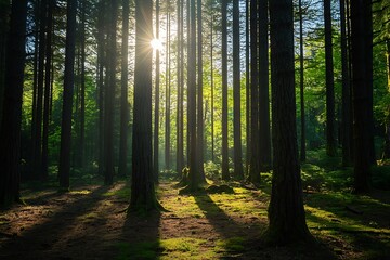 Obraz premium Sunlight shining through tall trees in dense forest with lush greenery and long shadows on forest floor.
