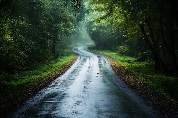 Fototapeta premium Rainy road winding through a lush green forest, with fog and sunlight breaking through the trees. Concept of nature, tranquility, and adventure.