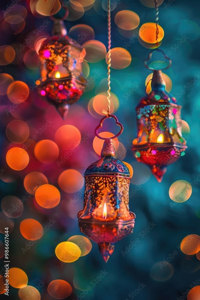 Poster a group of colorful lights hanging from a string