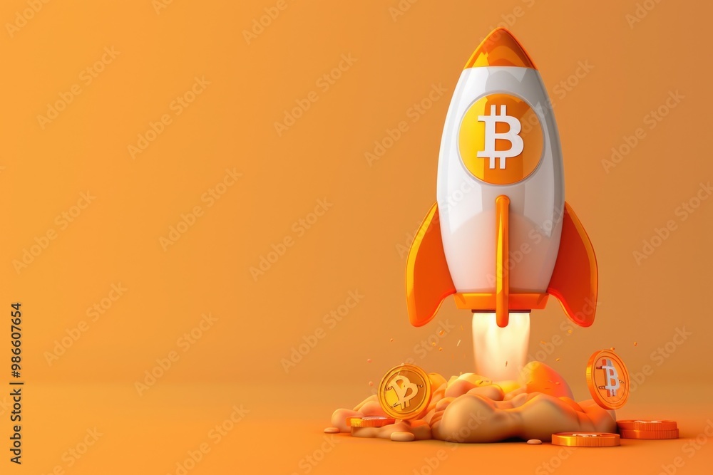 Poster a rocket blasting off into space with bitcoins emerging from its payload