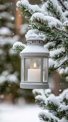 A beautifully crafted lantern illuminates the snowy boughs of a Christmas tree, casting a warm glow as delicate snowflakes drift down, creating a peaceful winter atmosphere
