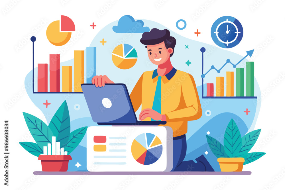 Poster a professional studies business market trends and improvements while using a laptop in a colorful en