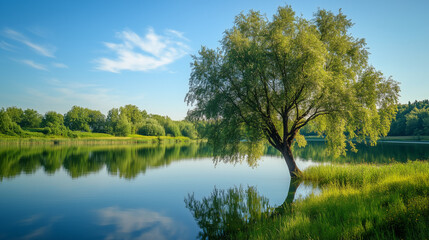 Willow tree by the edge of a calm reflective lake