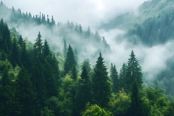 Misty forest landscape with tall evergreen trees and clouds, nature photography
