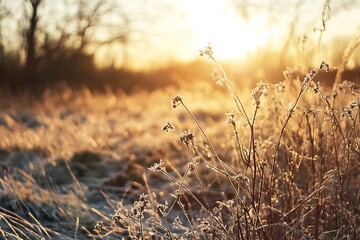 Obraz premium Close up of frosted grass with sunrise in the background