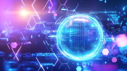 Obraz premium A glowing blue sphere in a futuristic digital space, surrounded by hexagons and data streams, representing global connectivity and innovation.