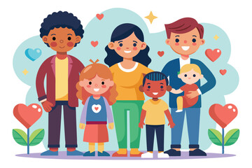 A joyful family stands together, showcasing love and happiness while adopting children with unique designs, Adopting children with customizable illustrations in a disproportionate manner.