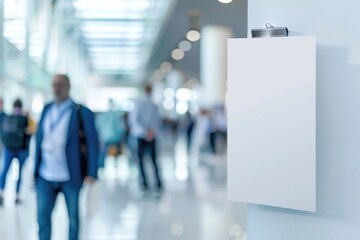 A group of people walking down a hallway, suitable for use in office or school settings