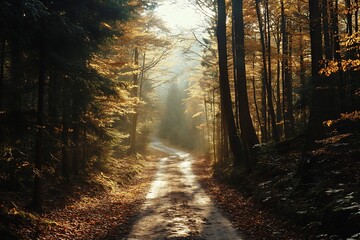 Fototapeta premium Sunlight streams through trees in autumn forest with path leading into the woods