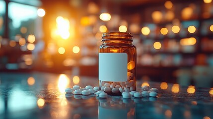 A glass bottle of pills with a blank label sits on a table with some of the pills spilled out.