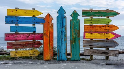 A collection of vibrant wooden signs placed next to the ocean, perfect for decorating coastal homes or businesses