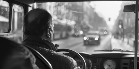 A black and white photo of a man behind the wheel, navigating through city streets