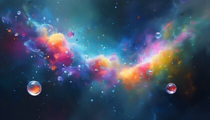 Colorful Nebula and Floating Spheres Symbolizing Connection and Energy in Abstract Background