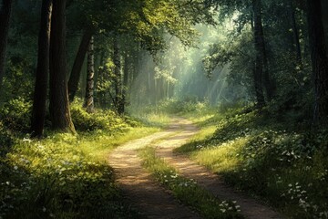 Fototapeta premium A Sun-Dappled Path Through a Lush Forest