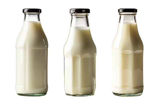 Three glass milk bottles with varying levels of milk and black caps on a transparent background