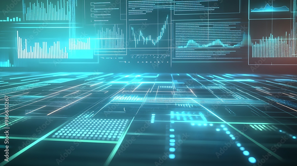 Aufkleber Abstract digital background with glowing lines and data visualizations.