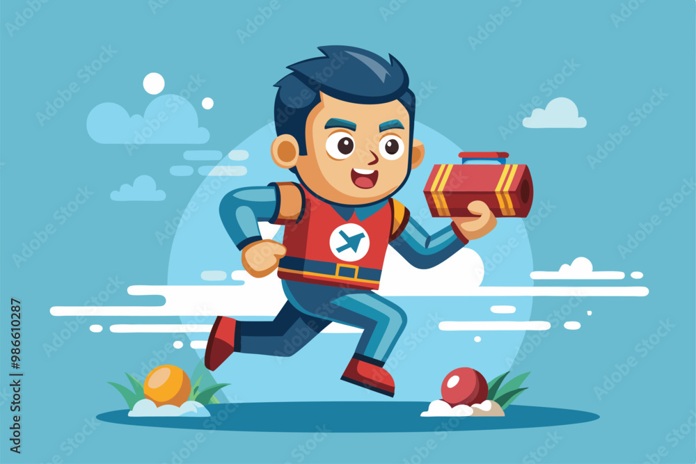 Poster a playful cartoon character happily runs with a toolbox in hand across a vibrant landscape filled wi