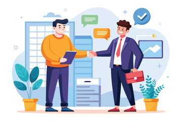 Two professionals agree on a deal in a bright office, showcasing a positive client-agent relationship, Agent and client agree and shake hands in a flat illustration.