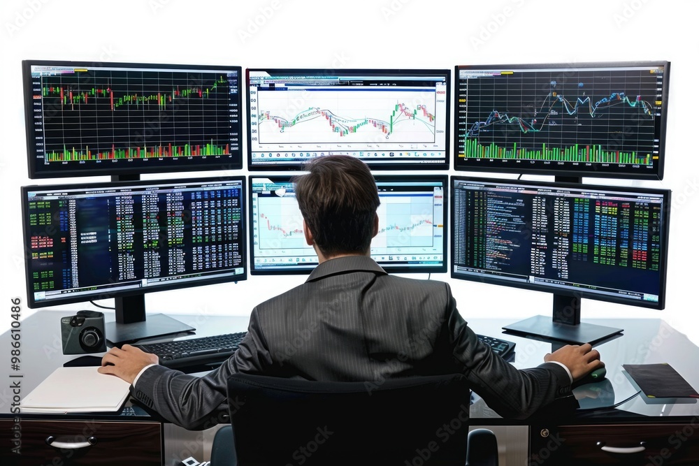 Poster a person sitting at a desk with four computer monitors, ideal for office or work-related use