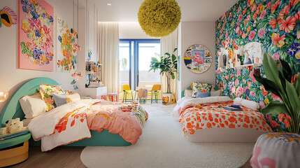 Cheerful Kids’ Sleep and Play Area with Floral Decor, Playful Wall Accents, and Snug Beds