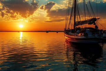 Sailboat at sunset on a calm lake with golden light and clouds