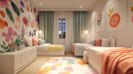Fun and Bright Playroom with Floral Patterns, Playful Wall Designs, and Comfortable Beds