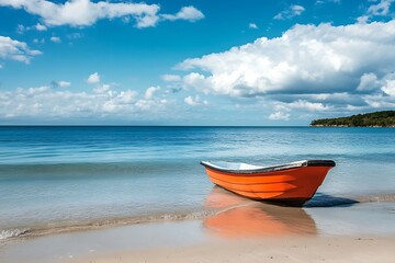 Naklejka premium Red rowboat on a white sand beach with calm blue water, blue sky and white clouds. Relaxing summer vacation scenery.