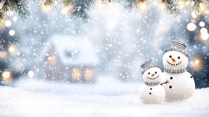 Obraz premium Cheerful snowmen enjoy their winter surroundings in a snowy landscape, while a warmly lit house adds to the festive atmosphere, ideal for a Christmas decoration