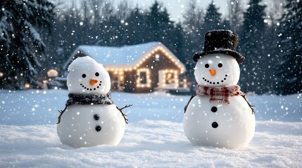 Obraz premium Cheerful snowmen enjoy their winter surroundings in a snowy landscape, while a warmly lit house adds to the festive atmosphere, ideal for a Christmas decoration.
